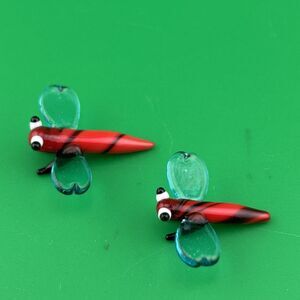2pc Miniature Glass Dragonfly Figurines - Hand Blown Red & Blue Glass Insects